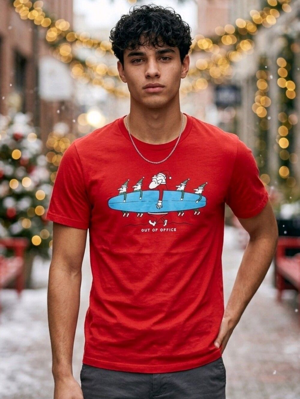 Surf Santa Elf Mens Christmas Short Sleeve T-shirt Festive Surfboard Holiday Tee